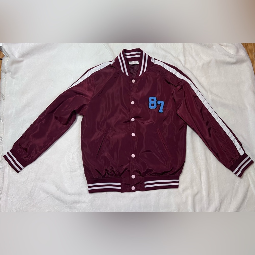Maroon and white bench bomber jacket (size Large)